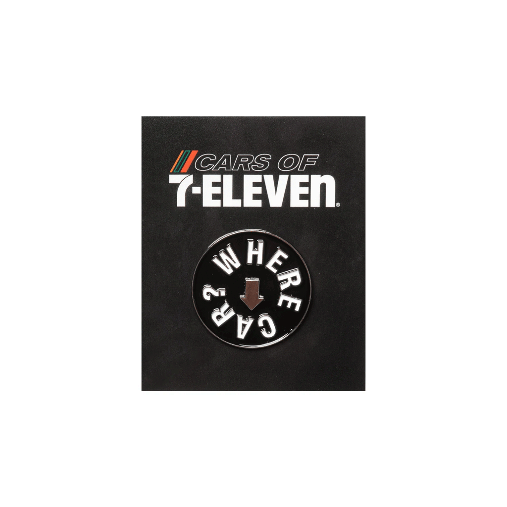 GIF of spinning "Where Car?" enamel pin