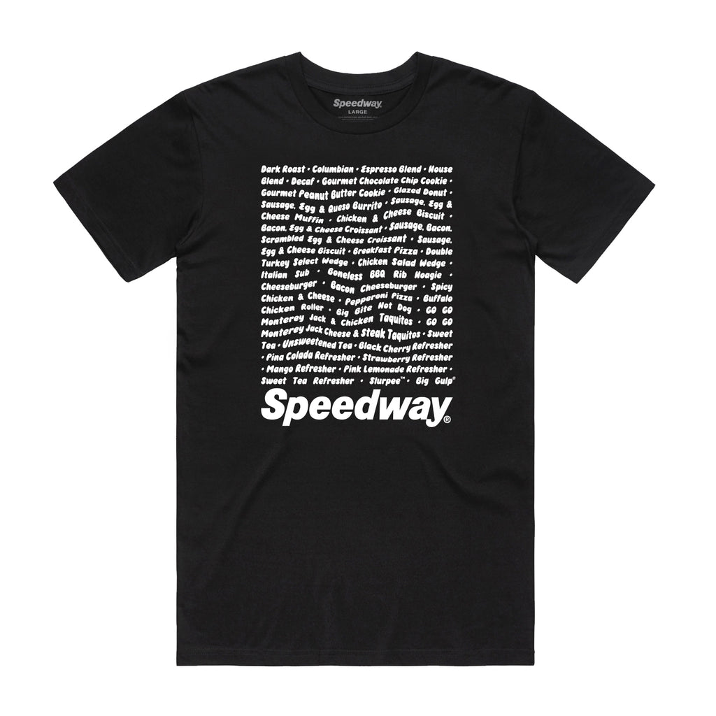 Speedway t-shirt with a grocery list graphic